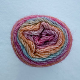 Multicolored skein of yarn on a light blue background