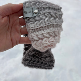 Grey ombré crochet headband with leather Fluffmade tag and braided stitch – handmade ear warmer.