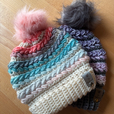 Handmade crochet toques with faux fur poms in gradient colours – Fluffmade Solstice Collection Canada.
