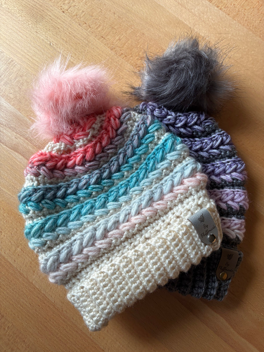 Handmade crochet toques with faux fur poms in gradient colours – Fluffmade Solstice Collection Canada.
