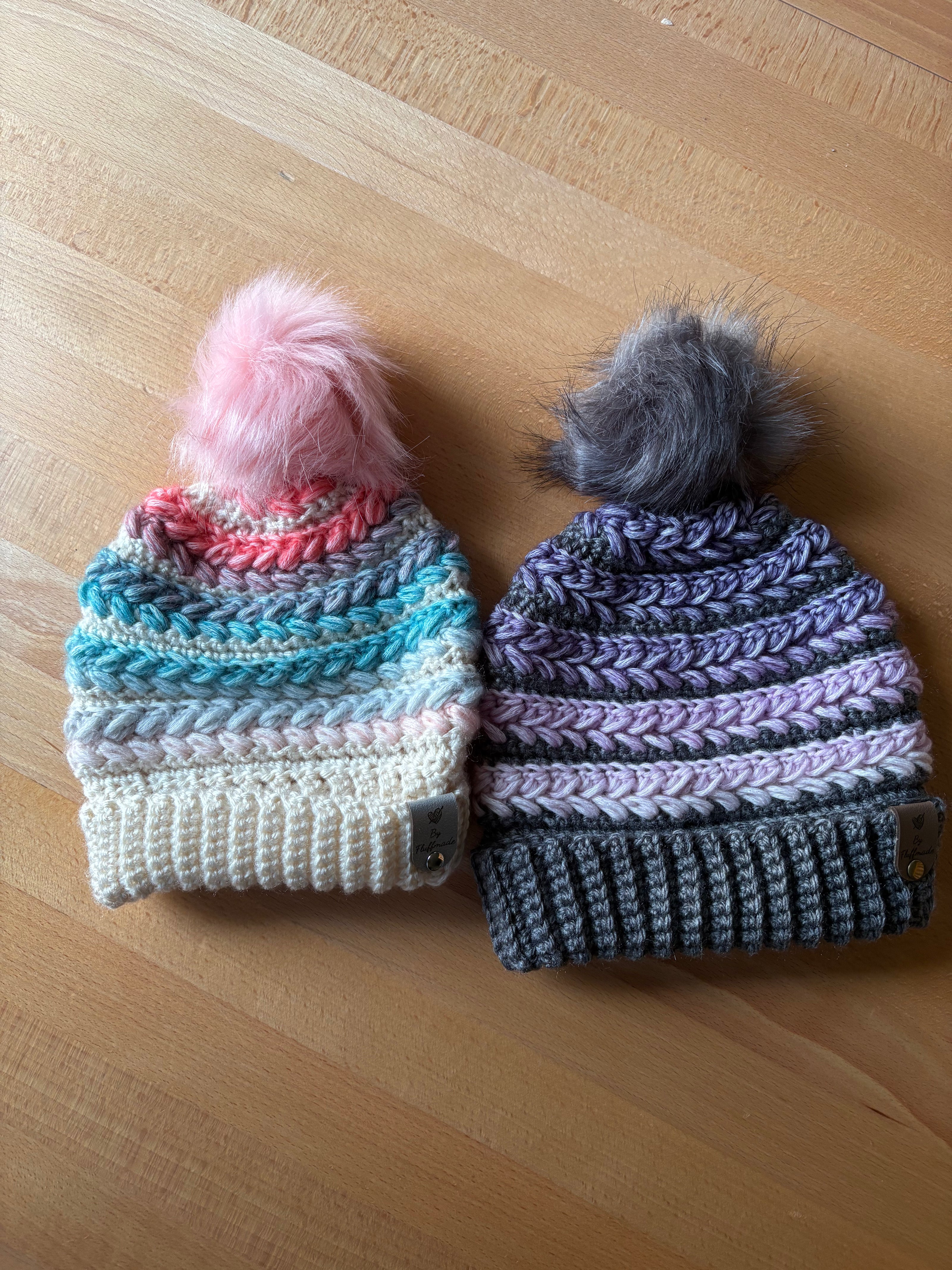 Crochet toque with ribbed brim and faux fur pom in soft gradient tones – Solstice Essentials by Fluffmade.