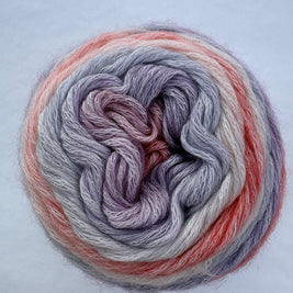 Multicolored yarn skein on a light gray background