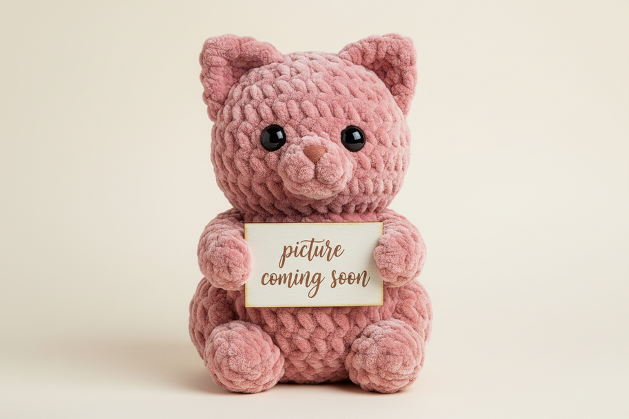 rose quartz velet color yarn cat holding a sign saying "picture coming soon" 